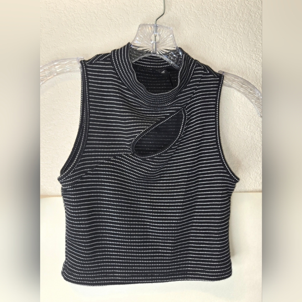 Sleeveless Black & Silver Striped Mock Neck Top